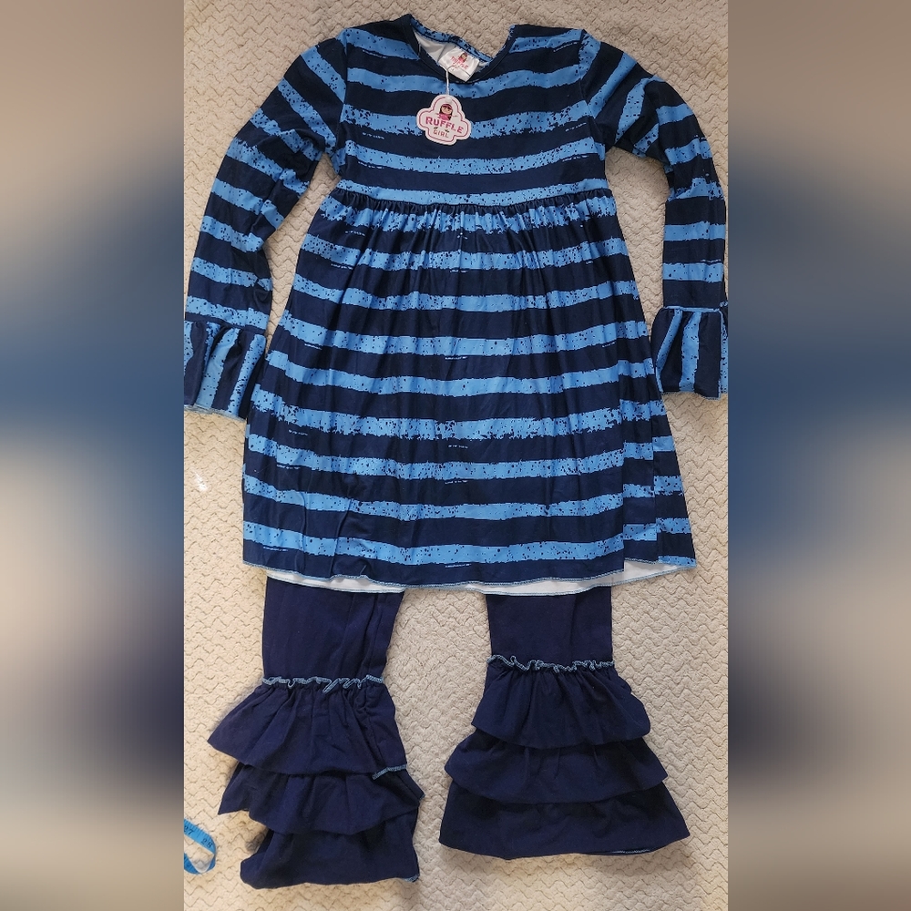 NWT Ruffle Girl 2 Piece Long Sleeve Pant Set Blue Size 10